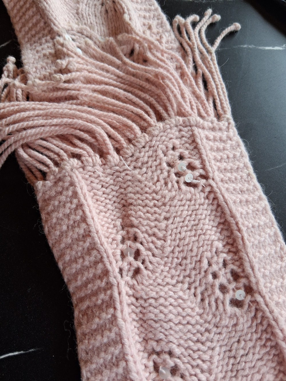 Y2k Pink Knit Fringe Scarf with Sequin Detail